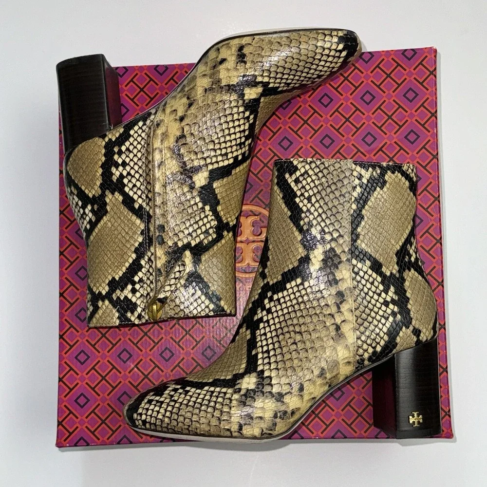 Tory Burch Brooke Bootie Ankle Boots 70MM Round Toe Leather Snake NEW Women's 6